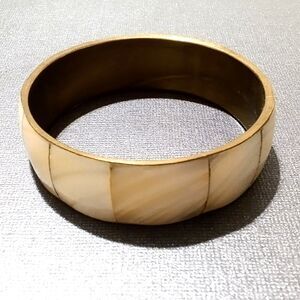 Vintage Mother of Pearl Inlaid Brass Bangle Bracelet Boho Style